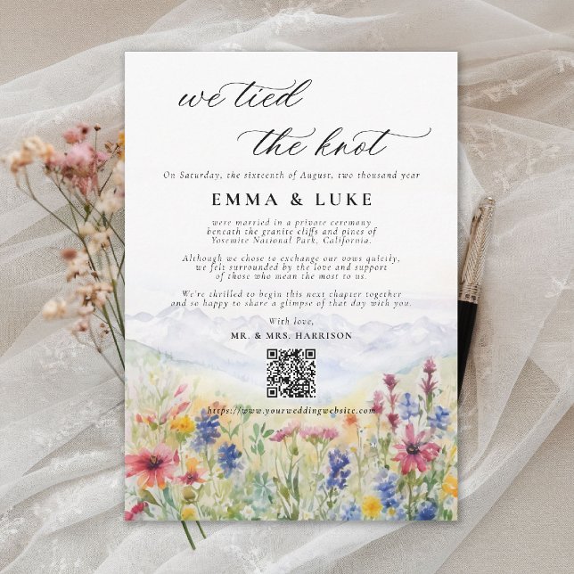 Faire-part Elopement Fleur sauvage Mountain Mariage Faire-par (elopement wedding announcement card qr code mountain wildflowers meadow watercolor)