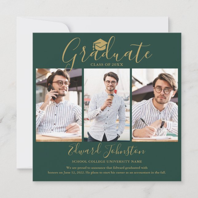 Faire-part Emerald Gold Script Graduate 4 Photo Graduation (Devant)