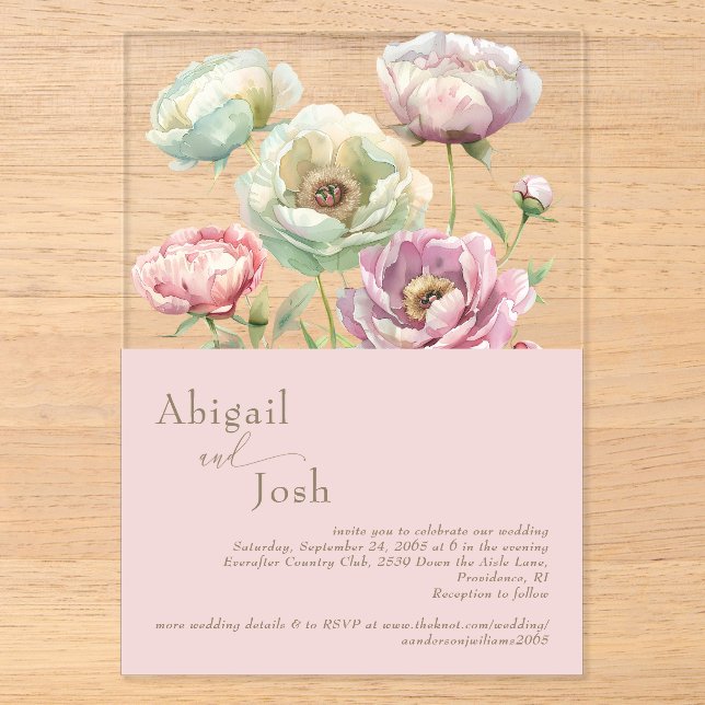 Faire-part en acrylique Fleurs de Pivoines Roses (Recto)