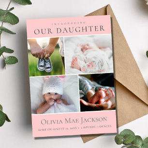 Faire-part Enfant rose Fille 4 Photo Collage Naissance