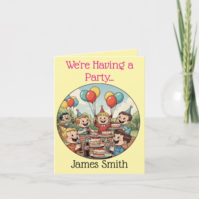 Faire-part Enfants qui aiment leurs gâteaux, sodas et ballons (Devant)