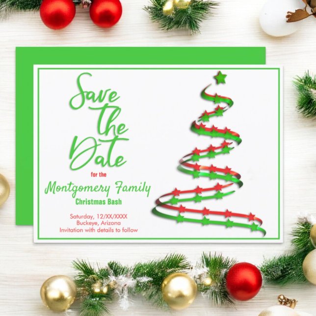 Faire-part Enregistrer La Date | Arbre de Noël moderne (front and solid back of save the date announcement invitation)