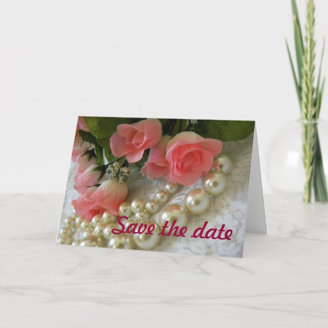 Faire-part Enregistrer la date rose et perles d'or (Devant)