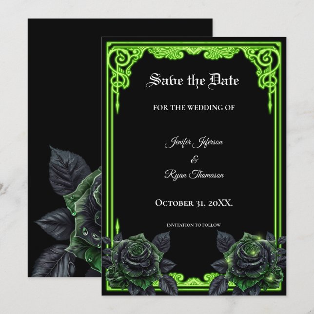 Faire-part Épousailles de mariage gothique Glow vert sorcière (Devant / Derrière)
