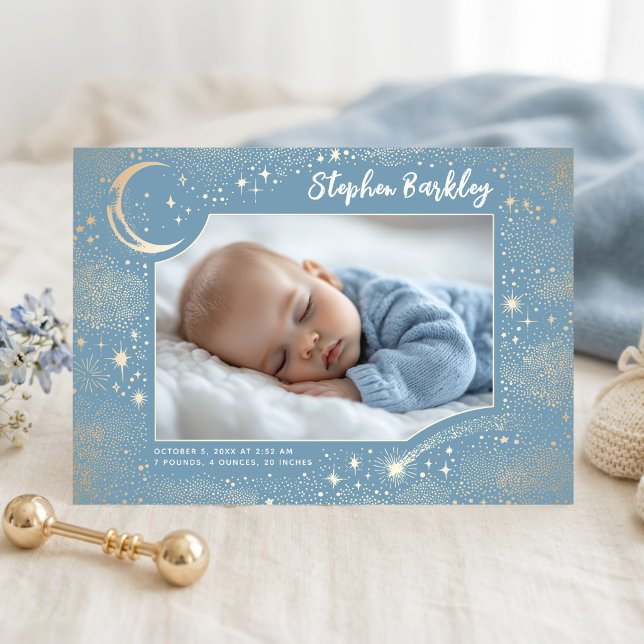 Faire-part Étoiles Mignonnes Lune Céleste Naissance Garçon Ph (Cute Twinkle Stars Birth Announcement Photo Card)