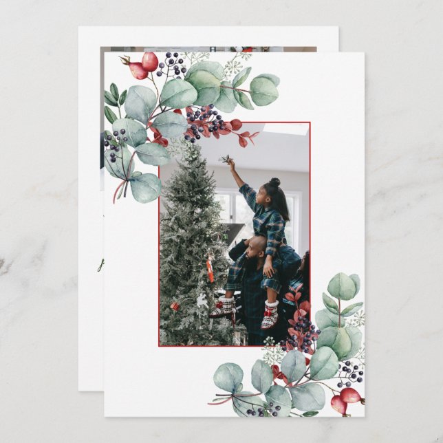 Faire-part Eucalyptus, Baies, Épinette, Noël 2 photos (Devant / Derrière)