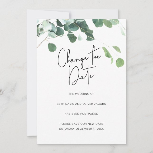 Faire-part Eucalyptus Changer la Date Report de Mariage (Devant)