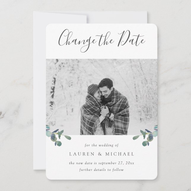 Faire-part Eucalyptus Crest Aquarelle Photo Changement de dat (Devant)