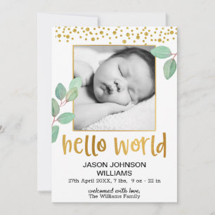 Faire-part Eucalyptus Gold Frame Hello World Baby Birth