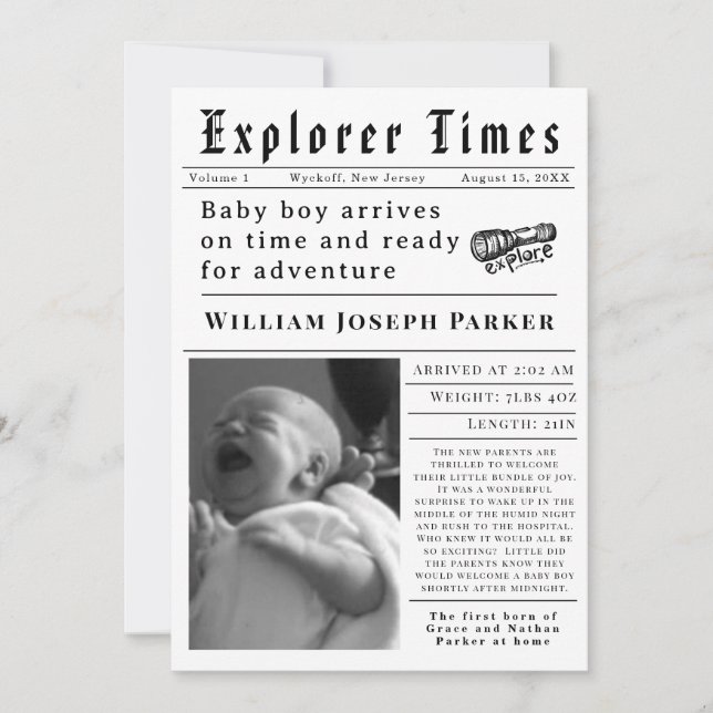 Faire-part Explorer Times Newborn Birth (Devant)