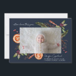 Faire-part Extra Cheer Blue Holiday Baby Photo Naissance<br><div class="desc">Carte de faire-part de naissance de vacances rustique et moderne avec 2 photos de votre nouveau-né avec l'aquarelle illustration des plantes hivernales y compris le mistletoe,  branche de pin,  baies,  orange,  etc. L'arrière - plan est bleu nuit.</div>