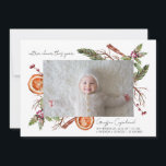 Faire-part Extra Cheer Holiday Baby Photo Birth Announcement<br><div class="desc">Rustic and modern holiday birth announcement card with 2 photos of your newborn featuring watercolor illustration of winter botanicals including mistletoe,  pine tree branch,  berries,  orange,  etc.</div>