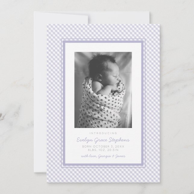 Faire-part Faire annonce de naissance carreaux gingham violet (Devant)
