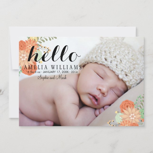 Faire-part Faire annonce de naissance moderne florale Hello 2 (Devant)