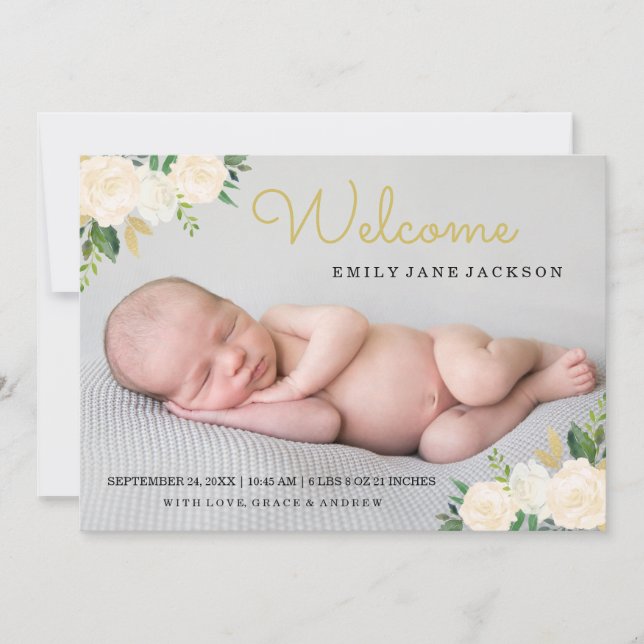 Faire-part Faire Annonce de Naissance Photo Florale Or (Devant)