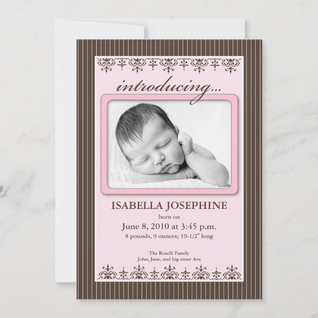 Faire-part Faire annonce de naissance rose à rayures 5x7" (Devant)