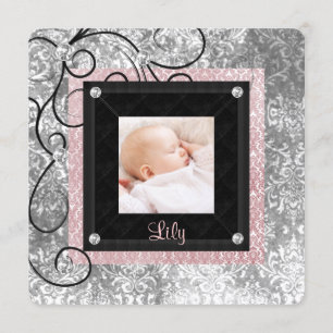 Faire-part Faire Naissance Bébé Fille Rose et Noir Photo
