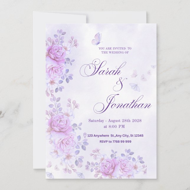 Faire-part 💐Faire-part de mariage floral romantique violet (Devant)