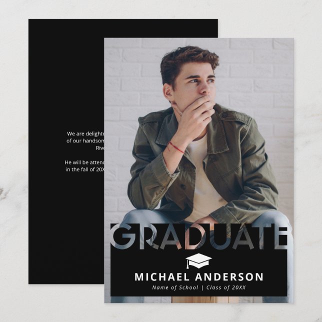 Faire-part Faire simple photo de remise de diplôme noir (Devant / Derrière)