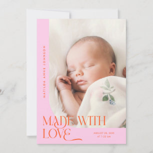 Faire-part Fait Avec Amour Orange Rose Photo Naissance