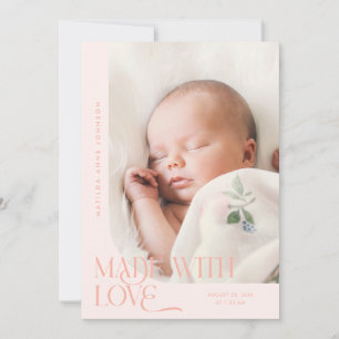 Faire-part Fait avec amour Photo de naissance pêche
