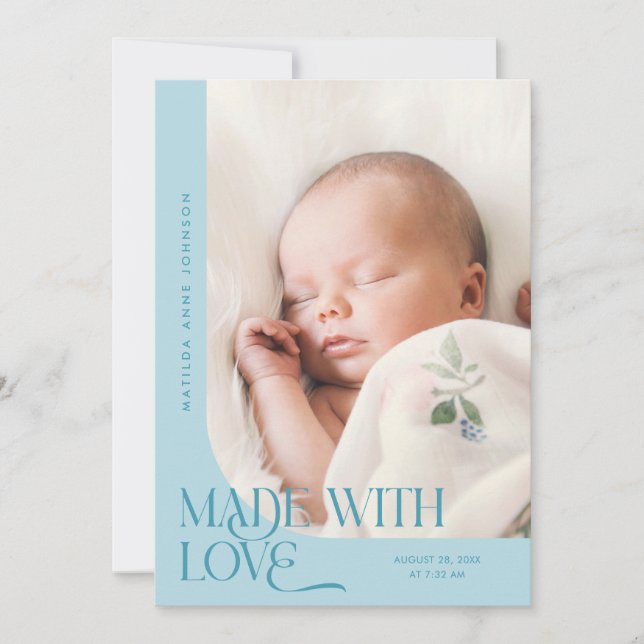 Faire-part Fait avec amour Turquoise Photo Naissance (Devant)