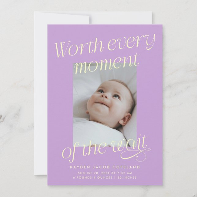 Faire-part Fait Lilac Photo Moderne de Naissance (Devant)