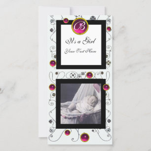 Faire-part FANCY SWIRLS BÉBÉ FILLE MONOGRAM, ruby blanc