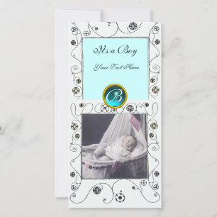 Faire-part FANCY SWIRLS BÉBÉ GARÇON MONOGRAM, aquamarine blan