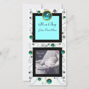 Faire-part FANCY SWIRLS BÉBÉ GARÇON MONOGRAM, aquamarine blan