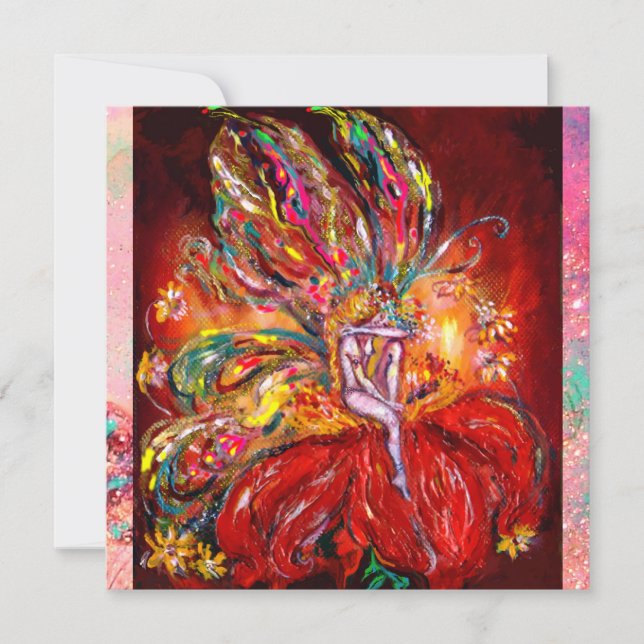 Faire-part FÉE EN ROUGE jaune vert rose (Devant)