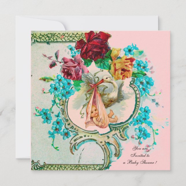 FAIRE-PART FÊTE DE BÉBÉ FILLE À LA CIGOGNE AVEC ROSES ET FLEU (Devant)