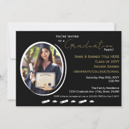 Faire-part Fête de graduation noir, blanc, or & Grad photo