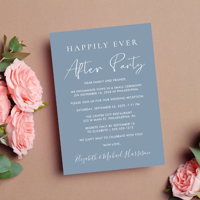 Faire-part Fête de mariage bleu poussiéreux « Happily Ever Af (From private vows to a grand happily ever after party - celebrate with family and friends)