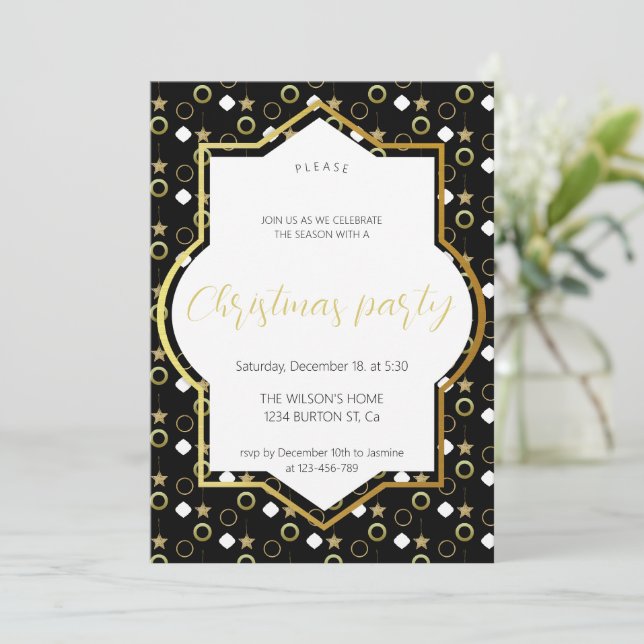 Faire-part Fête de Noël en blanc et or sur fond noir (Debout devant)