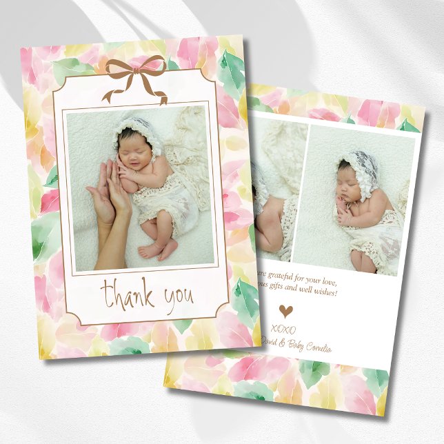 Faire-part Feuille d'aquarelle Moutarde Bébé Photo Merci (Créateur téléchargé)