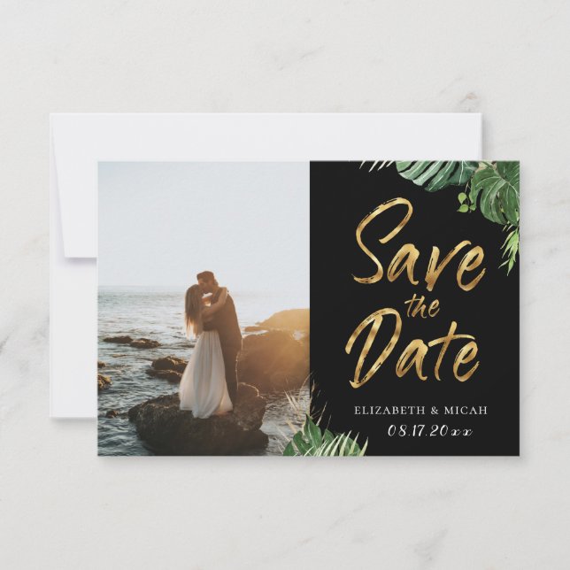 Faire-part Feuille Tropical Gold Script Enregistrer La Date P (Devant)