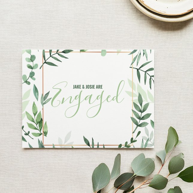 Faire-part feuilles verts (Vibrant green leaves design with a copper frame engaged card.)