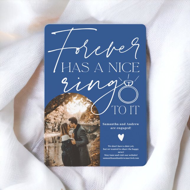 Faire-part Fiançailles bleu arche photo pour chaque anneau (Forever ring photo arch blue engagement announcement)