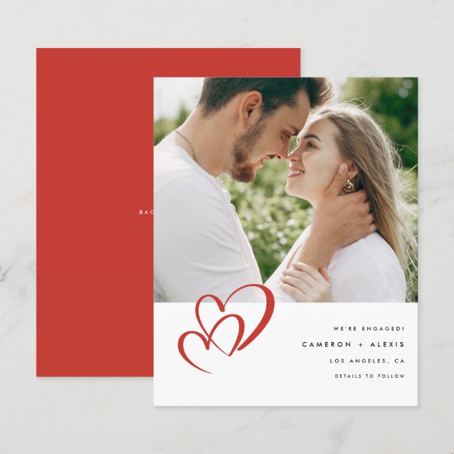 Faire-part Fiançailles photo Red Double Heart (Devant / Derrière)