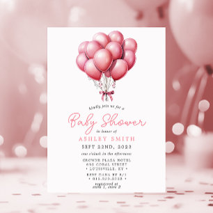 Faire-Part Fille Baby Shower Ballons Roses Aquarel