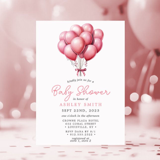 Faire-Part Fille Baby Shower Ballons Roses Aquarel (Créateur téléchargé)