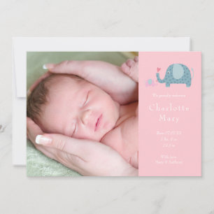 Faire-part Fille Photo Rose Éléphants à Points Naissance