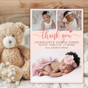 Faire-part Fille Photo Rose Script Merci Naissance Cœur
