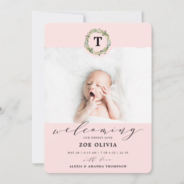 Faire-part Fille rose Eucalyptus Verdure Monogramme Naissance (Devant)