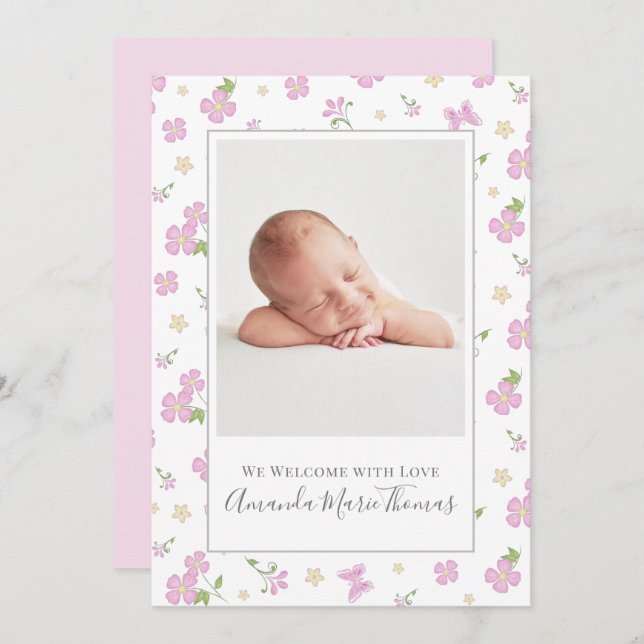 Faire-part Fille rose photo florale simple mignonne fantaisis (Devant / Derrière)