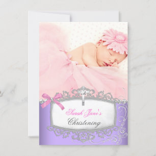 Faire-part Fille Rose Violet Baptême Croix
