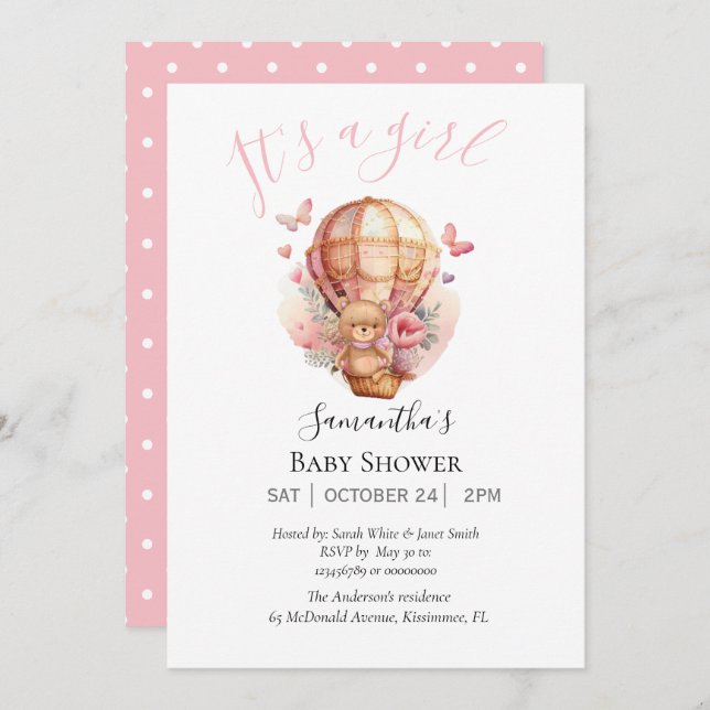 Faire-part Fille Teddy Bearly Wait Hot Air Balloon rose (Devant / Derrière)