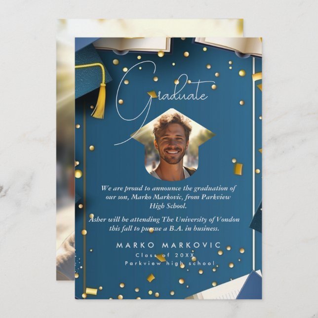 Faire-part Fils de diplôme I bleu (Devant / Derrière)
