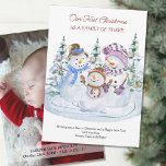 Faire-part First Christmas as Family of 3 Merry Snowmen Baby<br><div class="desc">Photo Christmas card announcing birth of new baby. The wording reads "Our First Christmas as a family of three!" (which you can edit to family of four, five, six as appropriate), followed by your personalized christmas greeting. This watercolor design features 3 cute snowmen with a backdrop of christmas trees. The...</div>